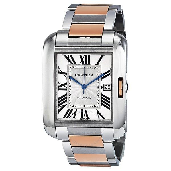 Cartier Tank Solo XL Rose Gold Silver Dial Steel Mens Watch