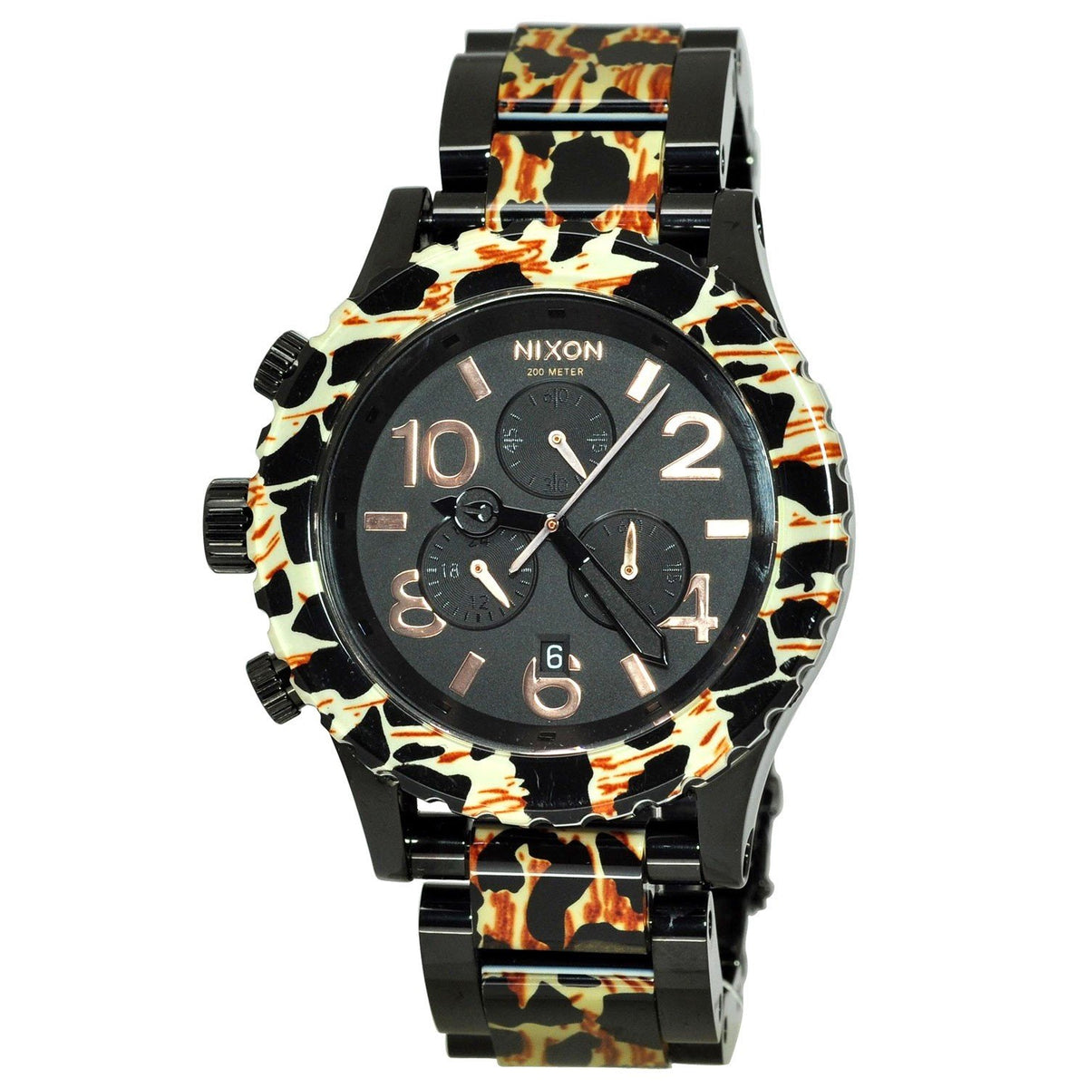 Nixon Unisex A037-1153 42-20 Chrono Chronograph Black with Leopard center links Stainless Steel and Acetate Watch