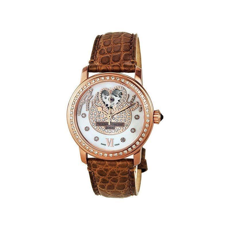 Frederique Constant Women&#39;s FC-310SQPV2PD4 Heart Cut-Out Brown Leather Watch