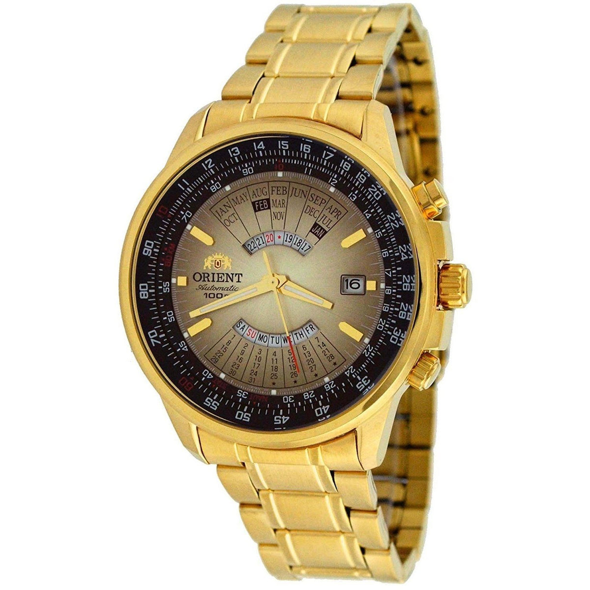 Orient Men&#39;s FEU07004UX Perpetual Calendar World Time Automatic Gold-Tone Stainless Steel Watch