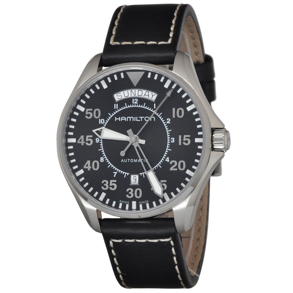 Hamilton Men&#39;s H64615735 Pilot Day Date Automatic Black Leather Watch