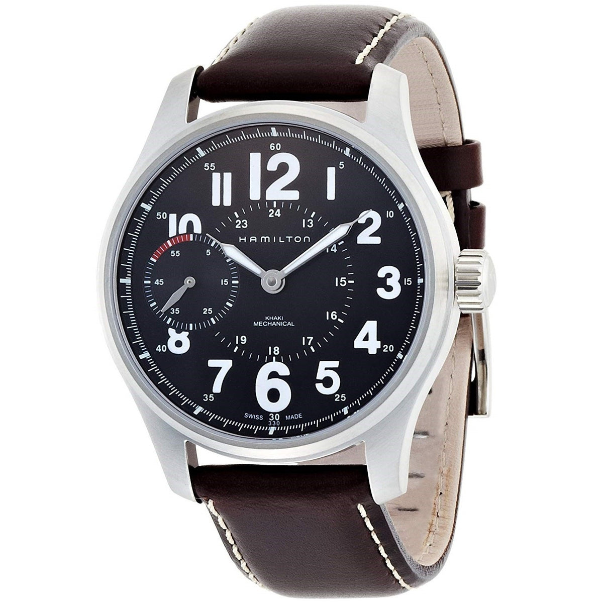 Hamilton Men&#39;s H69619533 Khaki Field Dual Time Hand Wind Mechanical Brown Leather Watch