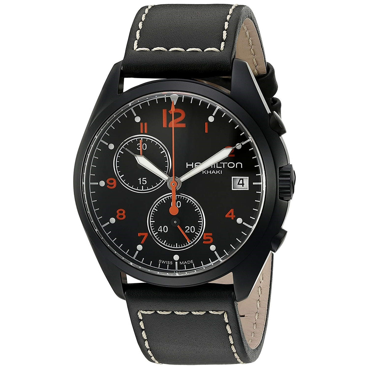 Hamilton Men&#39;s H76582733 Pilot Pioneer Chronograph Black Leather Watch