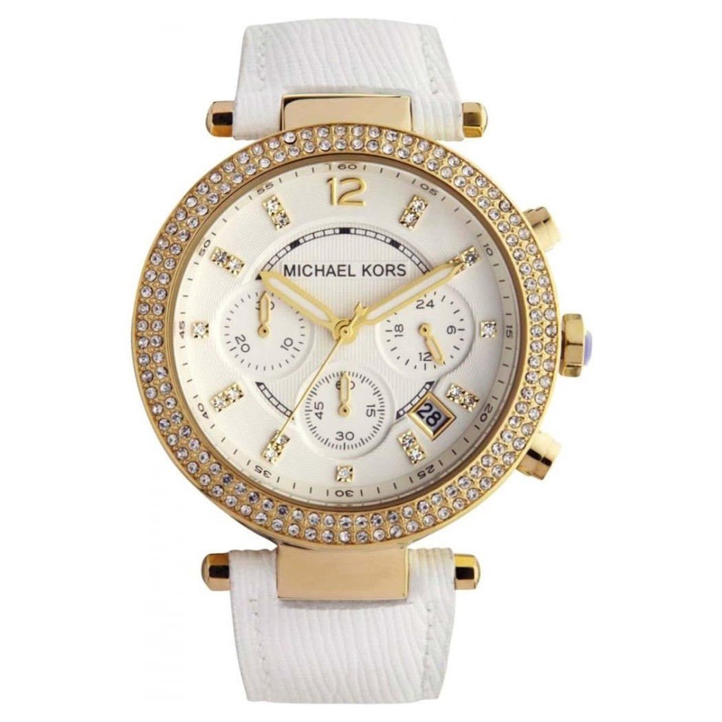 Michael Kors Women&#39;s MK2290 Parker Chronograph Crystal White Leather Watch