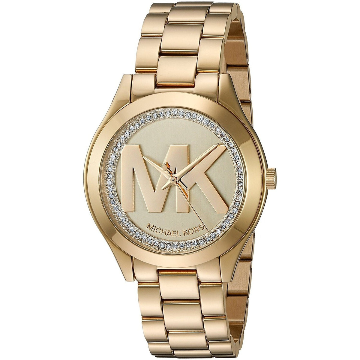 Michael Kors Women&#39;s MK3477 Mini Runway MK Logo Crystal Gold-tone Stainless Steel Watch