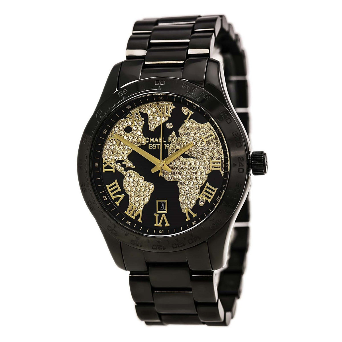 Michael Kors Women&#39;s MK6091 Layton World Map Crystal Black Stainless Steel Watch