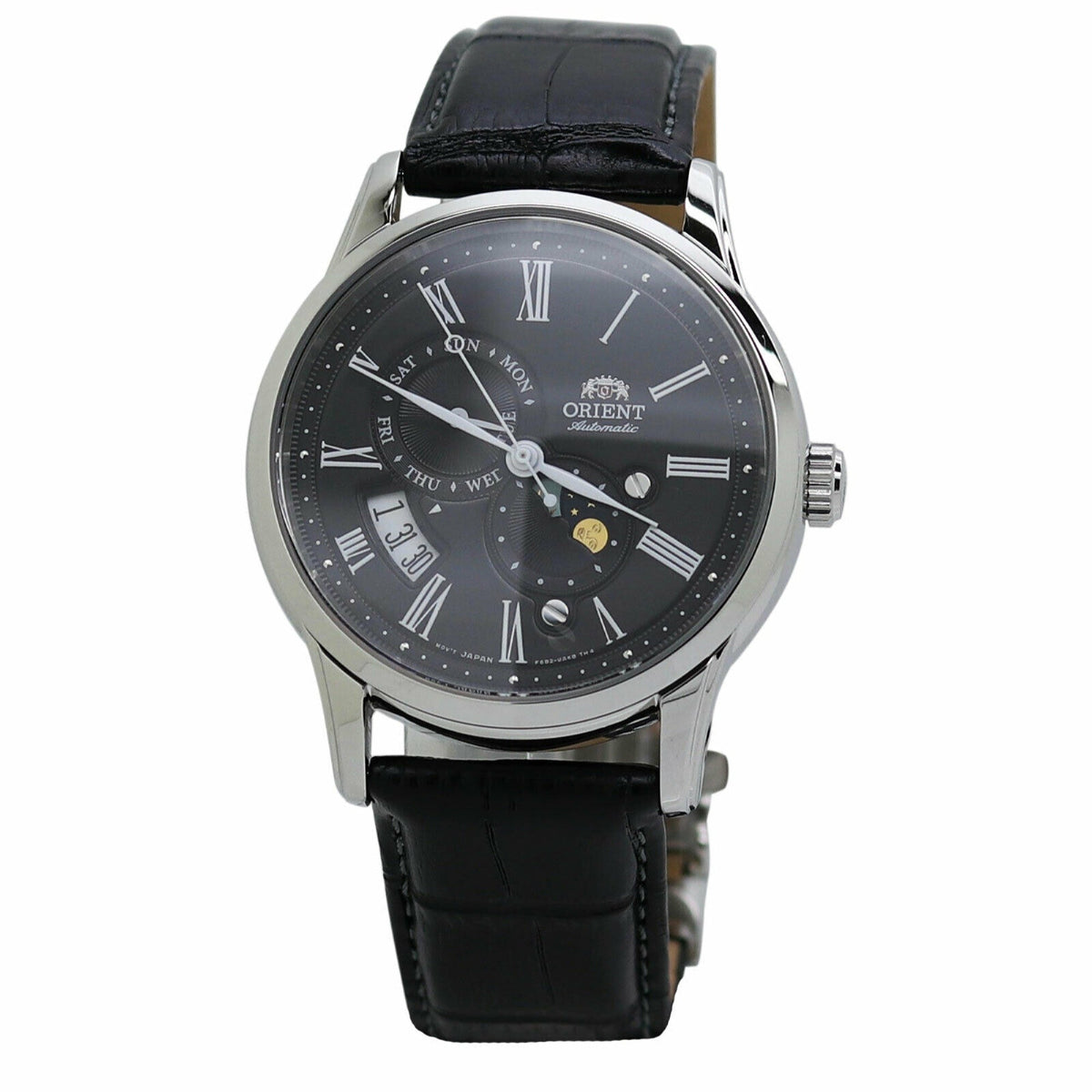 Orient Men&#39;s RA-AK0010B10B Sun And Moon Black Leather Watch