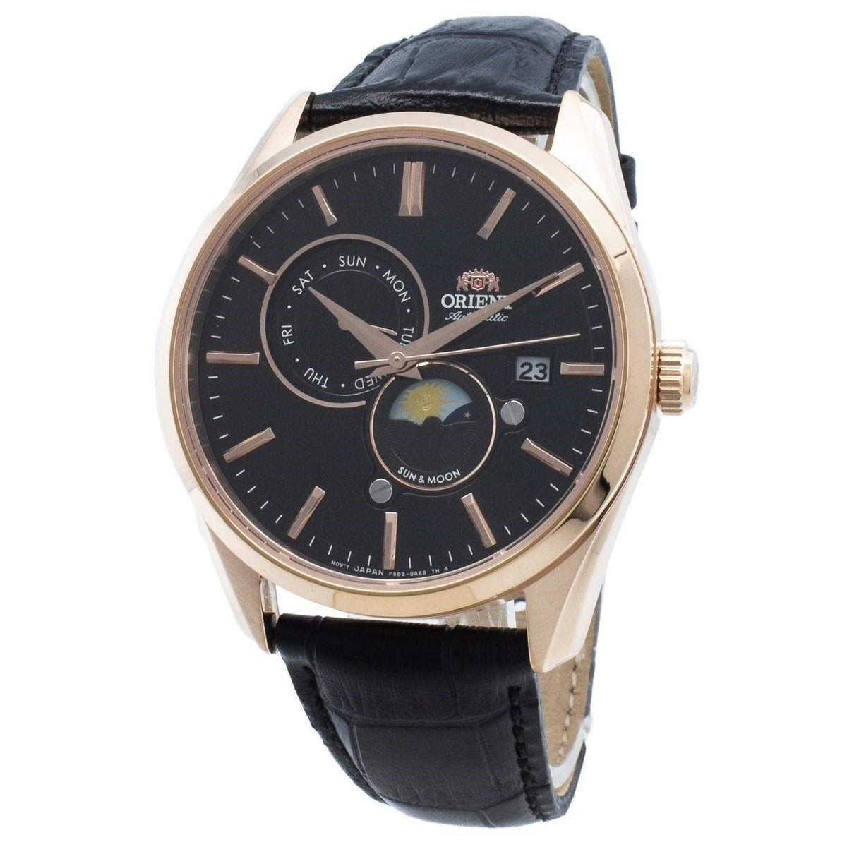 Orient Men&#39;s RA-AK0304B10B Sun and Moon Black Leather Watch