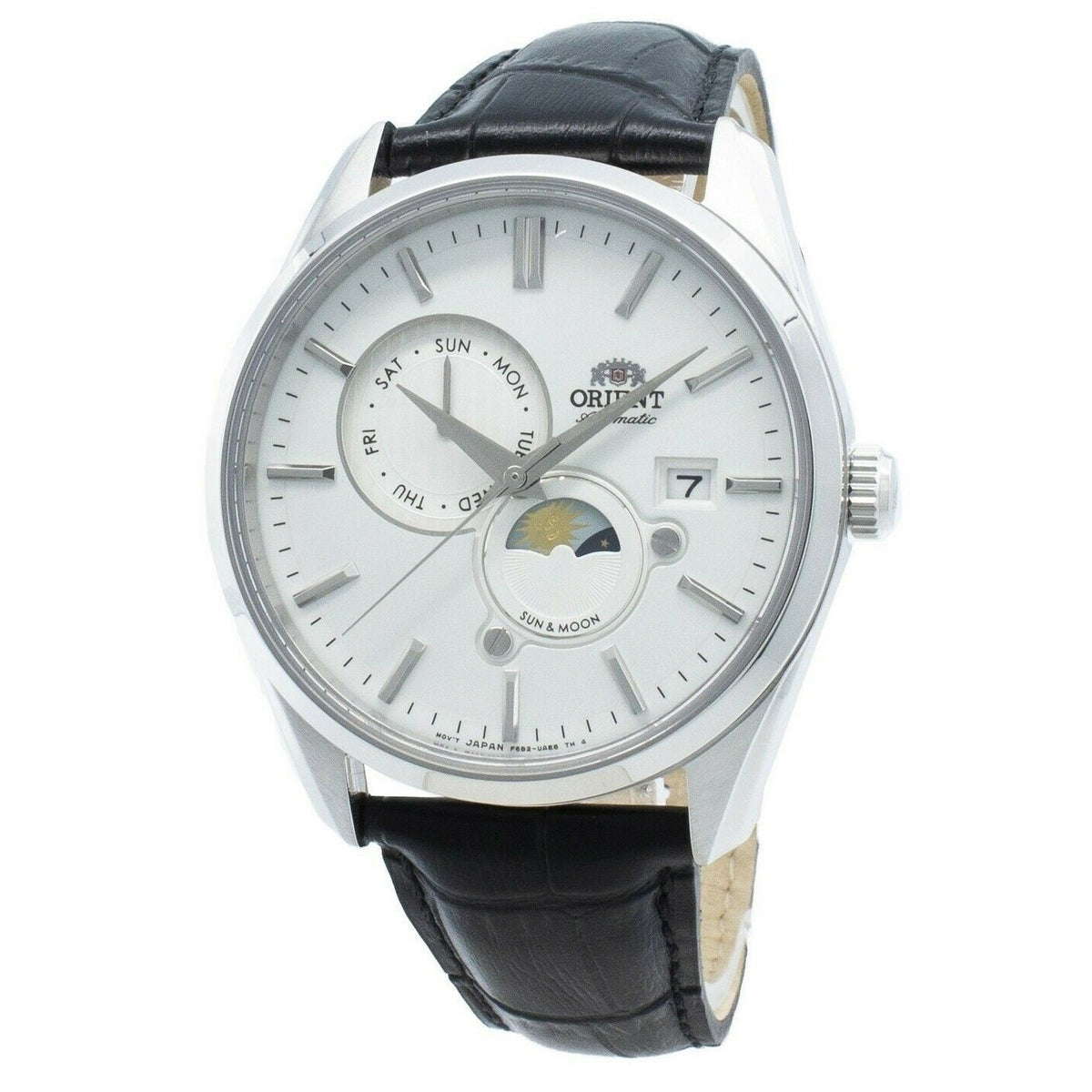 Orient Men&#39;s RA-AK0305S10B Sun and Moon Black Leather Watch