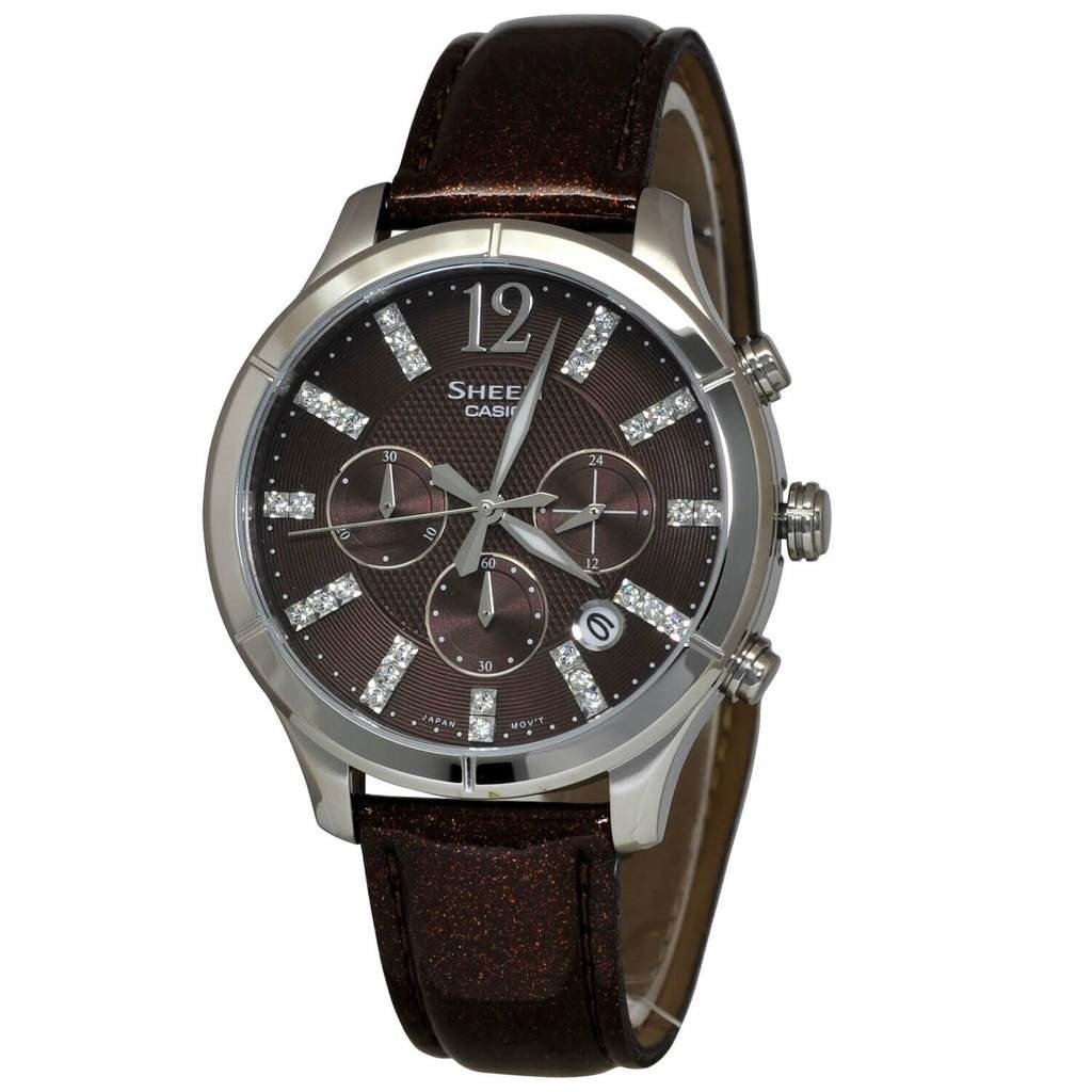 Casio Women&#39;s SHE5020L-5A Sheen Chronograph, Crystal Brown Leather Watch