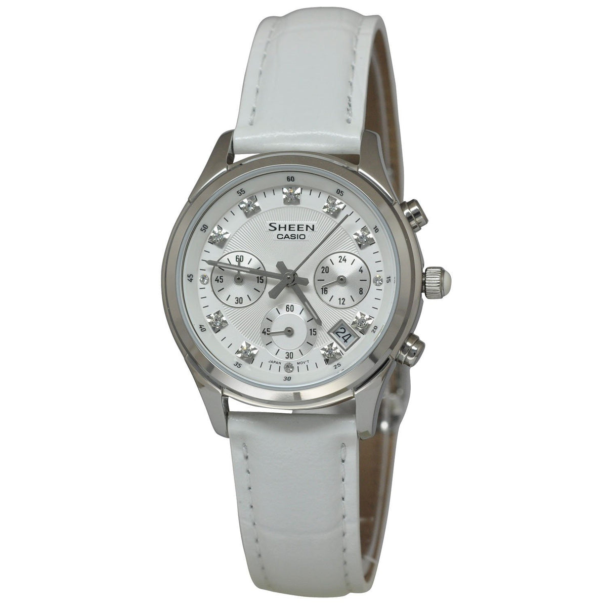 Casio Women&#39;s SHE5023L-7A Sheen Chronograph, Crystal White Leather Watch