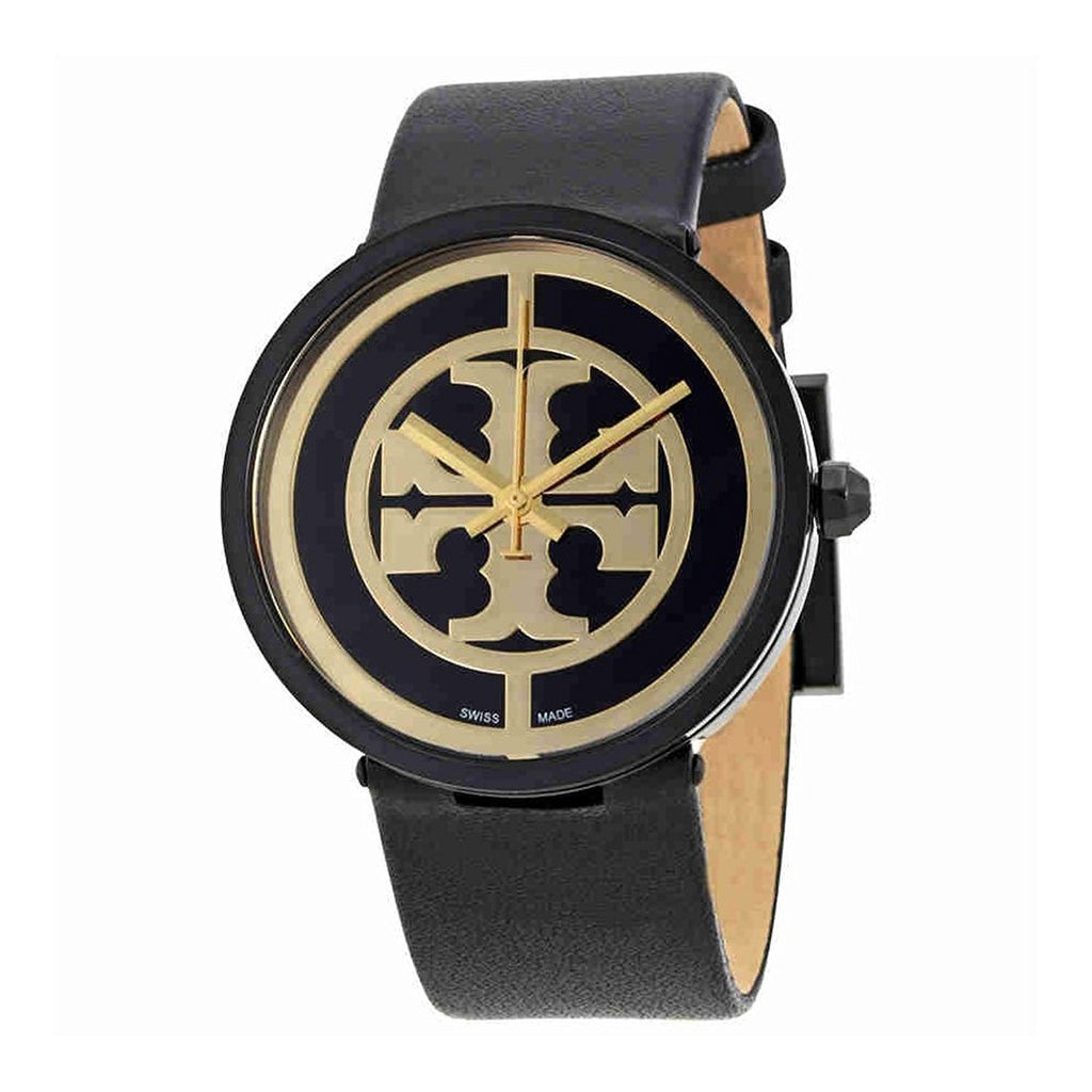 Tory Burch Reva Watch, Black Leather/Gold Tone, 36 MM