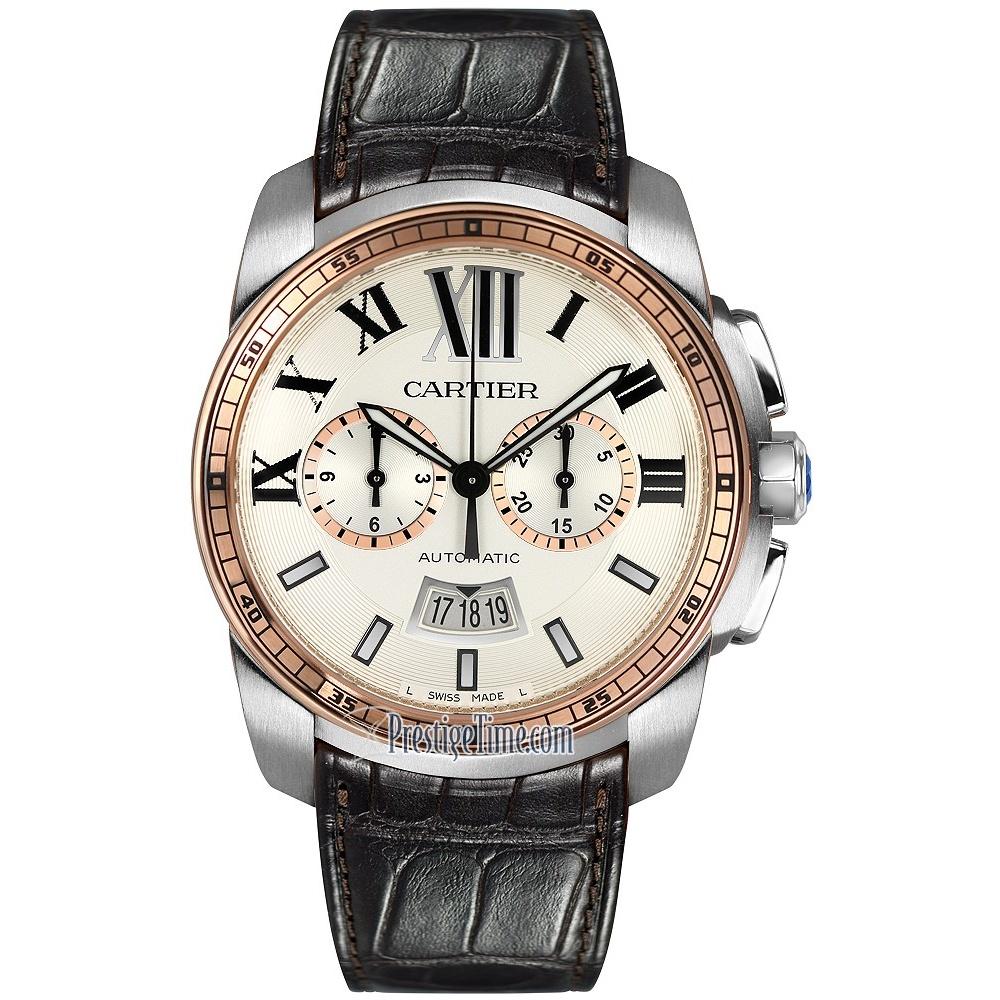 Cartier Men&#39;s W7100043 Calibre de Cartier 18kt Pink Gold Chronograph Automatic Brown Leather Watch