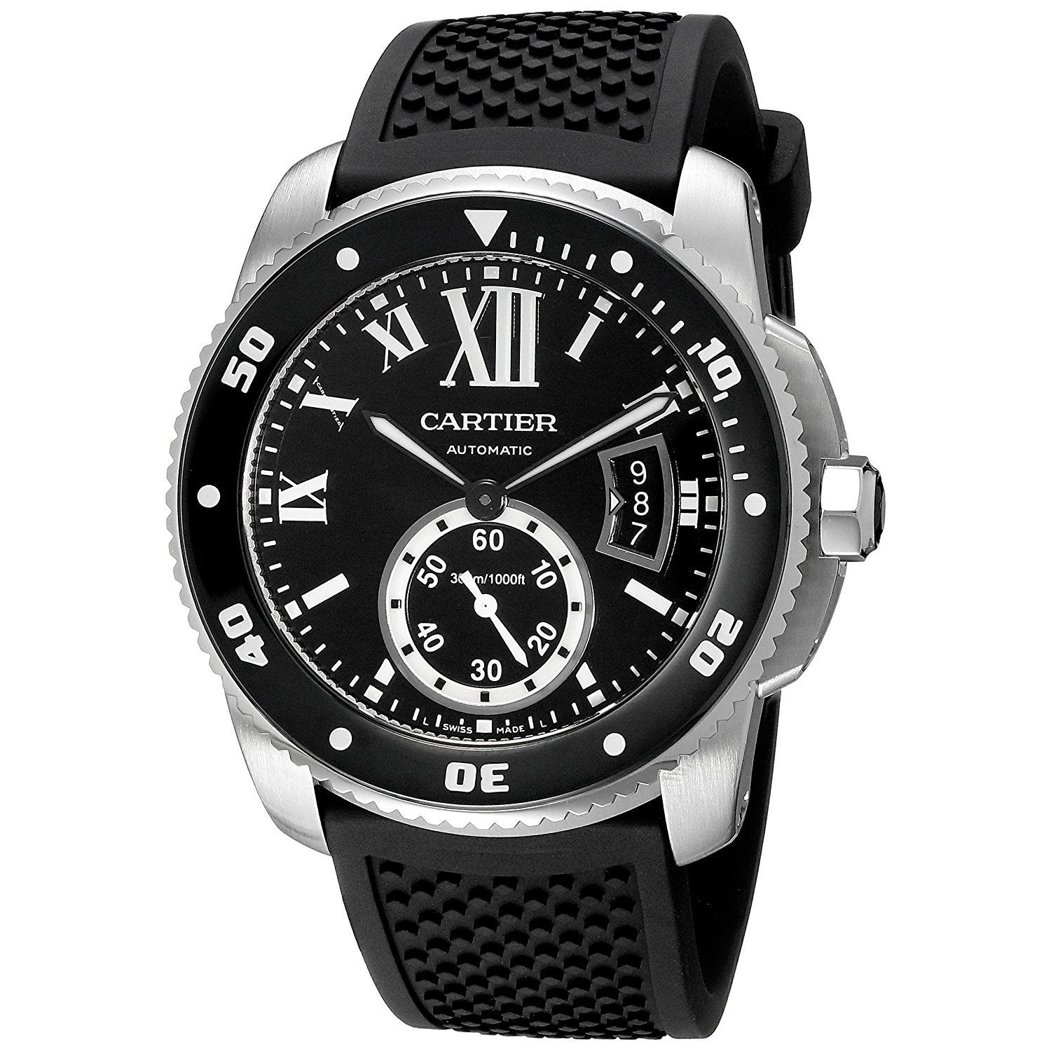 Cartier Men's W7100056 Calibre Automatic Black Rubber Watch - Bezali