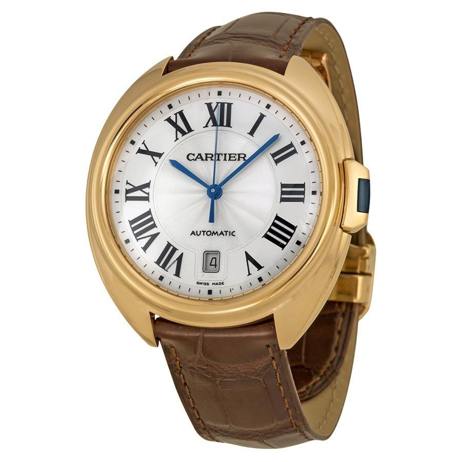 Cartier Men&#39;s WGCL0004 Clé Silvered Flinqué 18Kt Rose Gold Automatic Brown Leather Watch