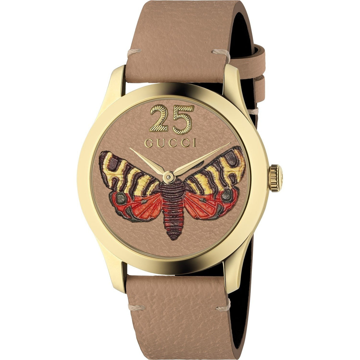 Gucci Women&#39;s YA1264063 G-Timeless Embroidered Butterfly Design Brown Leather Watch