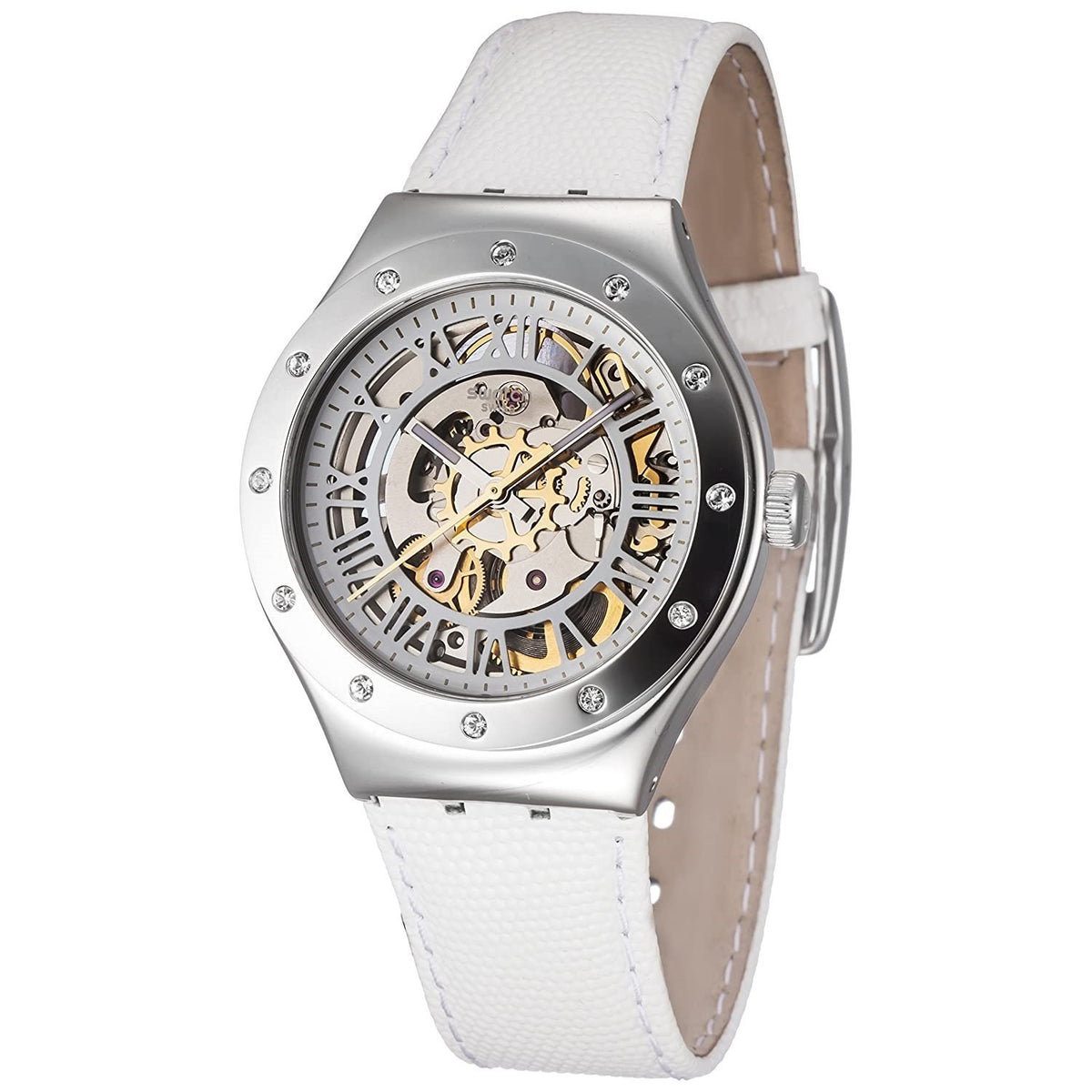 Swatch Unisex YAS109 Irony Rosetta Bianca Crystal White Leather Watch